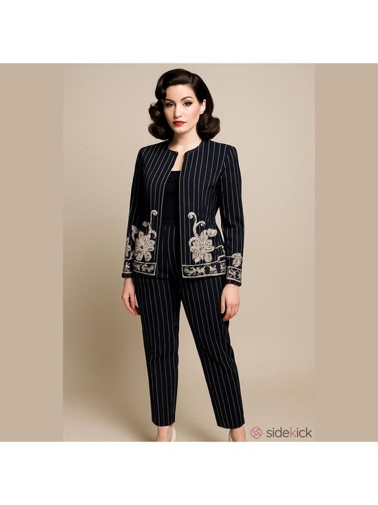 Oscar de la Renta Pants - Oscar de la Renta Navy Blue Pinstripe Embroidered Floral Pantsuit Sz: 10 cotton